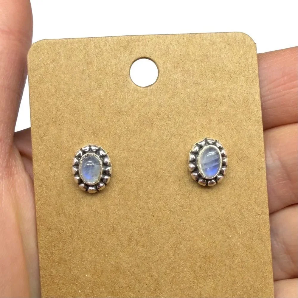 Rainbow Moonstone Stud Earrings Solid 925 Sterling Silver